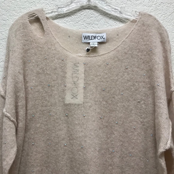WILDFOX Sweater Wool Blend Distressed Beaded Lightweight NWT Tan Medium - Picture 8 of 9